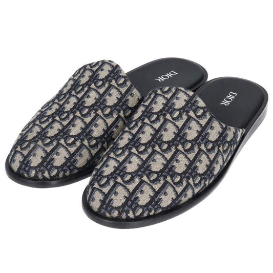 DIOR Oblique Jacquard Flat Sandals Beige Navy Size 7.5
