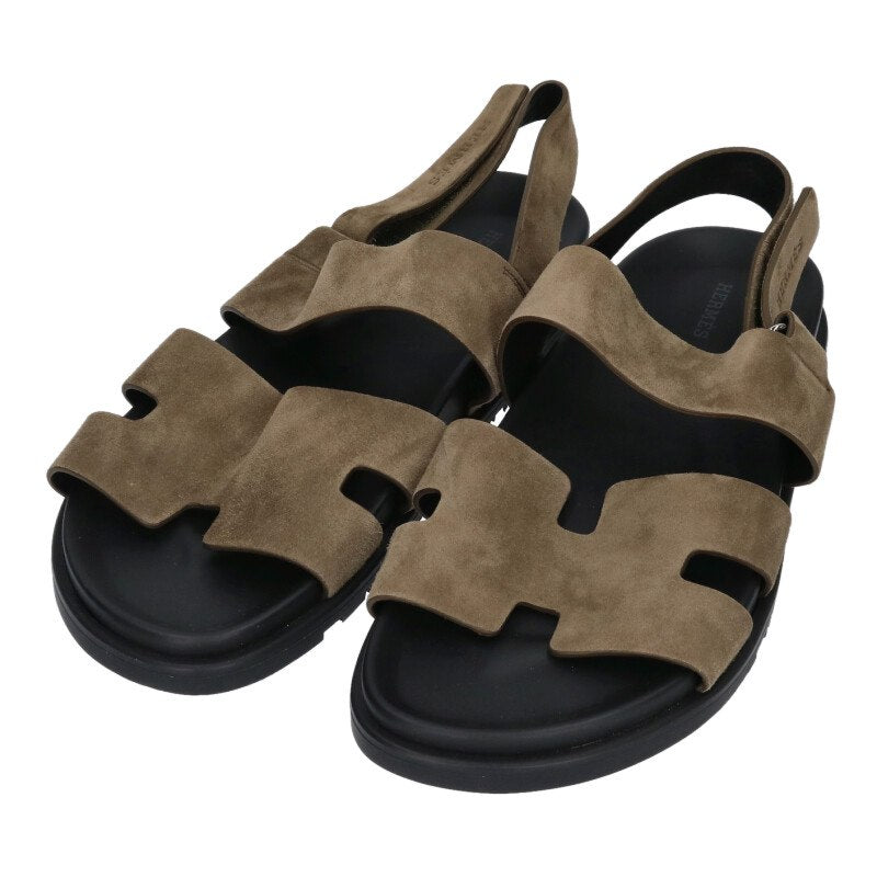 HERMES Genius Suede Leather Sandals Black/Khaki Size 10.5