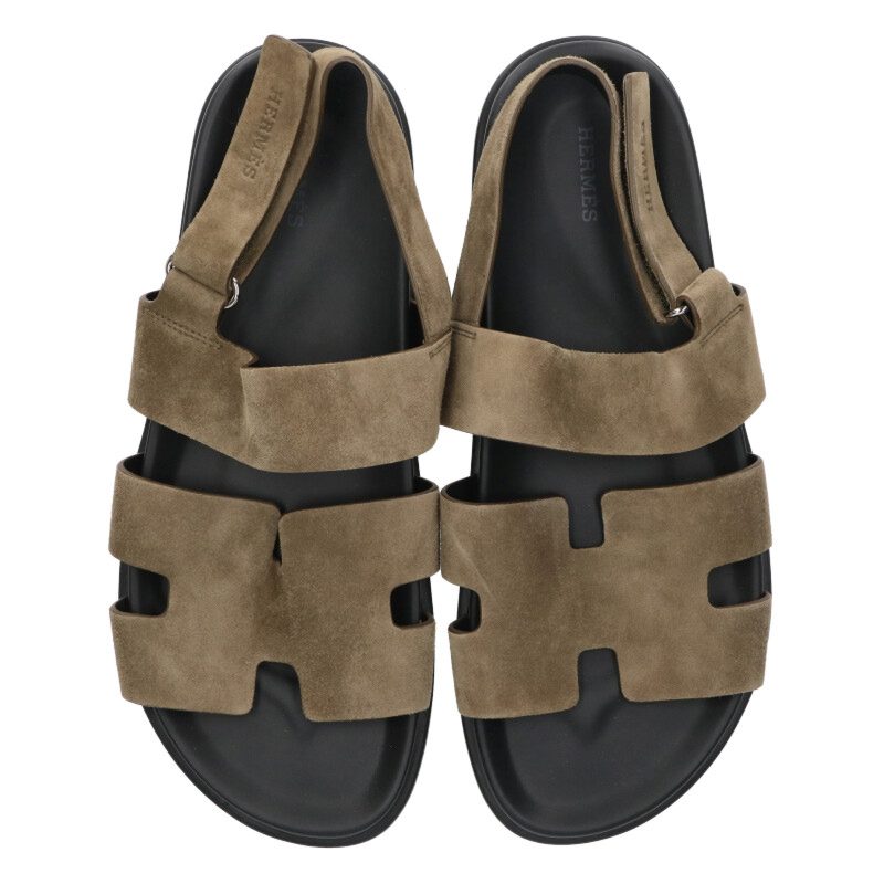 HERMES Genius Suede Leather Sandals Black/Khaki Size 10.5