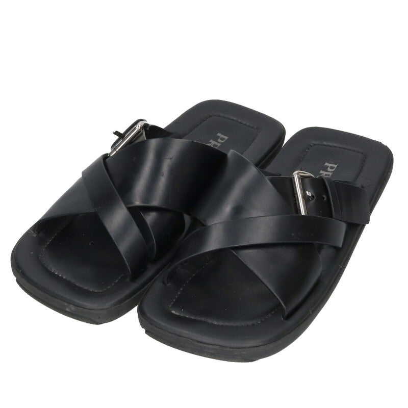 PRADA Cross Strap Leather Sandals Black/Silver Size 8