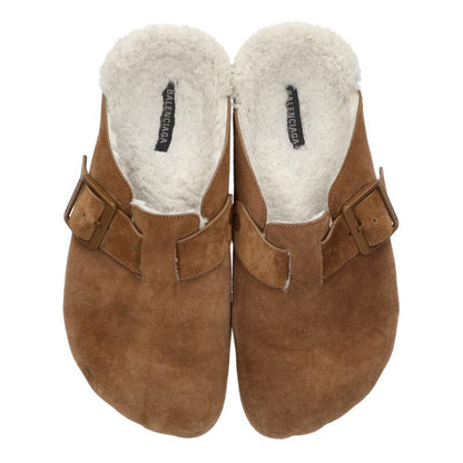 BALENCIAGA Suede Leather Fur Slide Sandal Brown Size 8.5