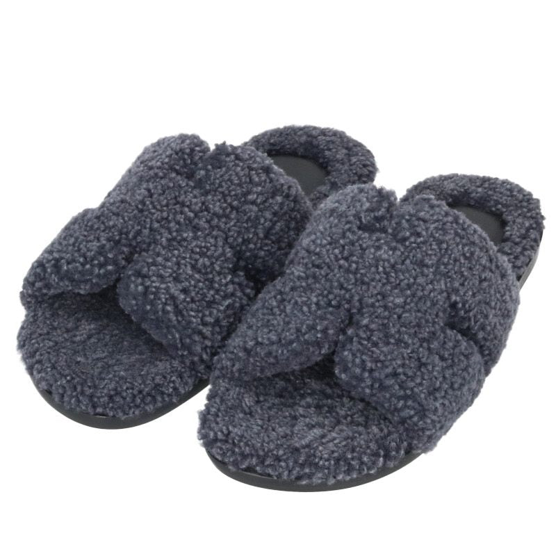 HERMES Izmir H Motif Fur-Lined Flat Sandals Navy Size 7.5