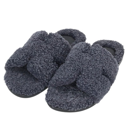 HERMES Izmir H Motif Fur-Lined Flat Sandals Navy Size 7.5