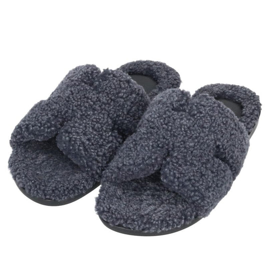 HERMES Izmir H Motif Fur-Lined Flat Sandals Navy Size 7.5