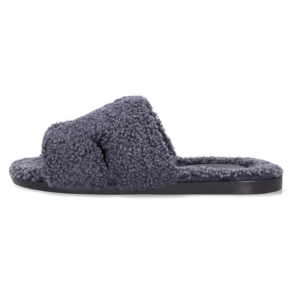 HERMES Izmir H Motif Fur-Lined Flat Sandals Navy Size 7.5