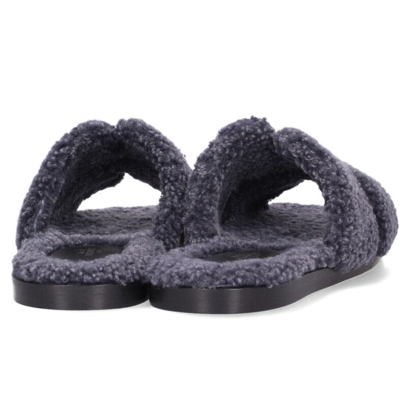 HERMES Izmir H Motif Fur-Lined Flat Sandals Navy Size 7.5