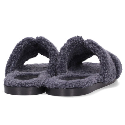 HERMES Izmir H Motif Fur-Lined Flat Sandals Navy Size 7.5