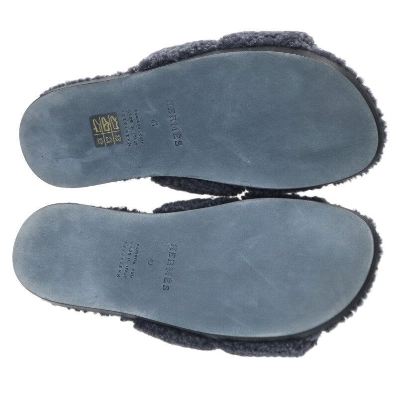 HERMES Izmir H Motif Fur-Lined Flat Sandals Navy Size 7.5