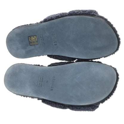 HERMES Izmir H Motif Fur-Lined Flat Sandals Navy Size 7.5