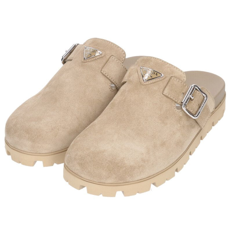 PRADA 26SS Triangle Suede Mule Sandals Beige Size 7