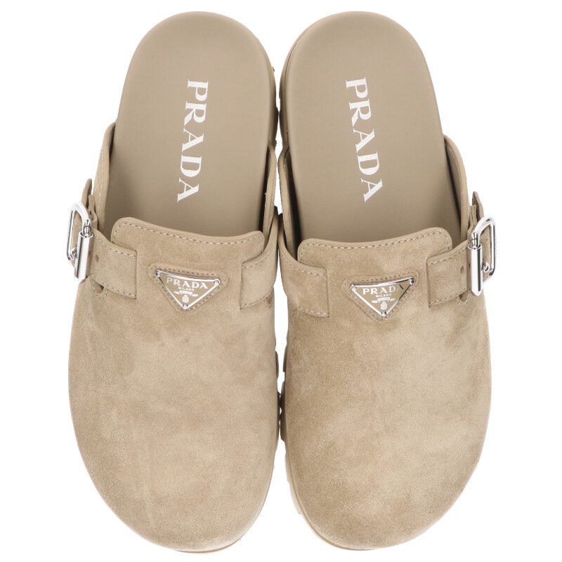 PRADA 26SS Triangle Suede Mule Sandals Beige Size 8