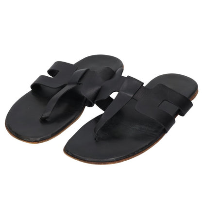 HERMES H Strap Leather Flat Sandals Black Size 42.5