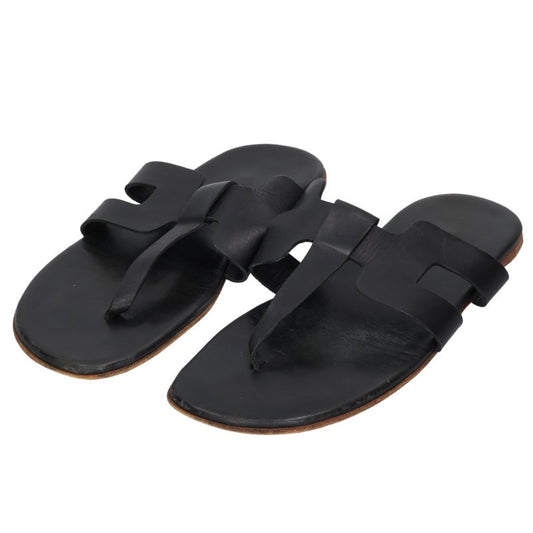 HERMES H Strap Leather Flat Sandals Black Size 42.5