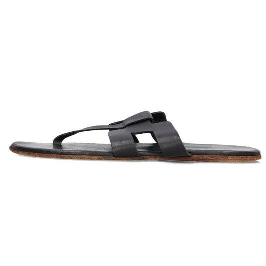 HERMES H Strap Leather Flat Sandals Black Size 42.5