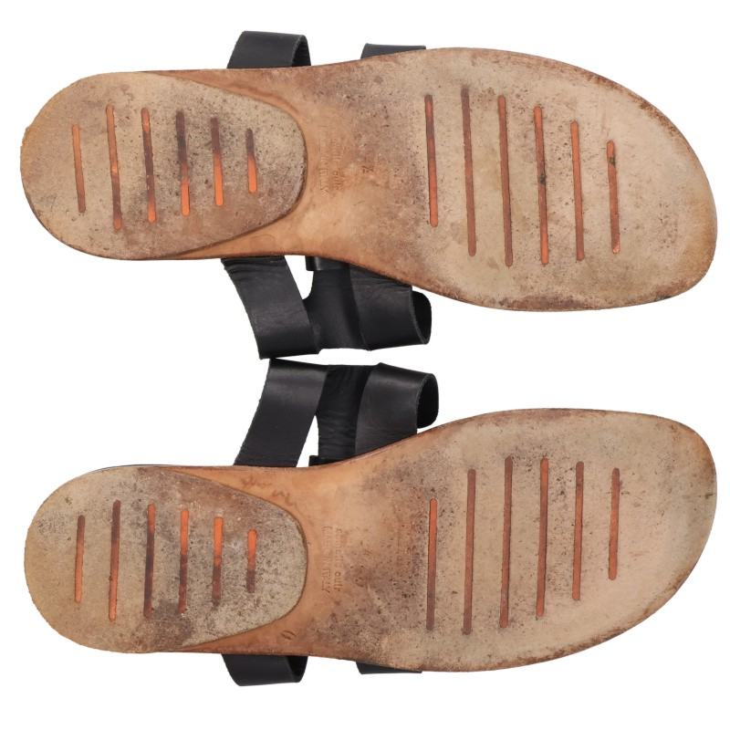 HERMES H Strap Leather Flat Sandals Black Size 42.5