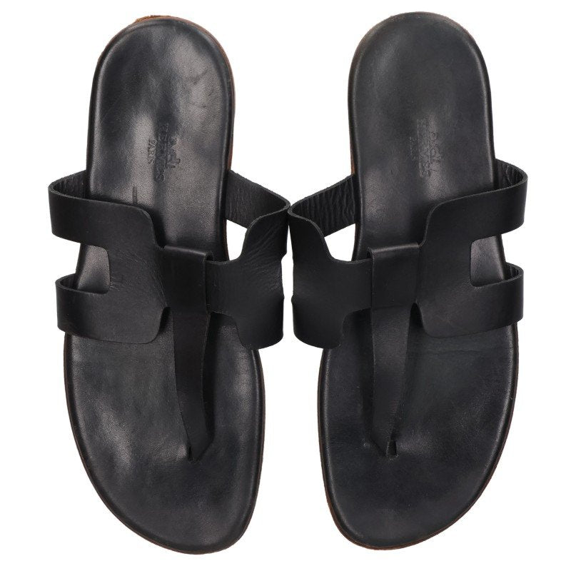 HERMES H Strap Leather Flat Sandals Black Size 42.5