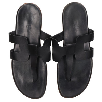 HERMES H Strap Leather Flat Sandals Black Size 42.5