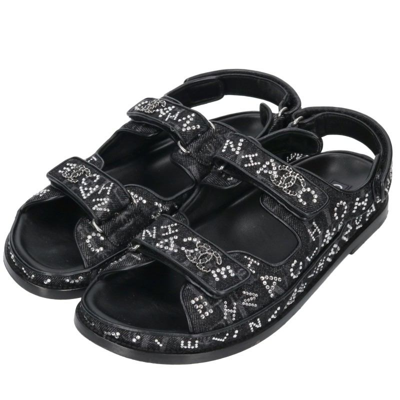 CHANEL Rhinestone Coco Mark Velcro Sandals Black Size 41C