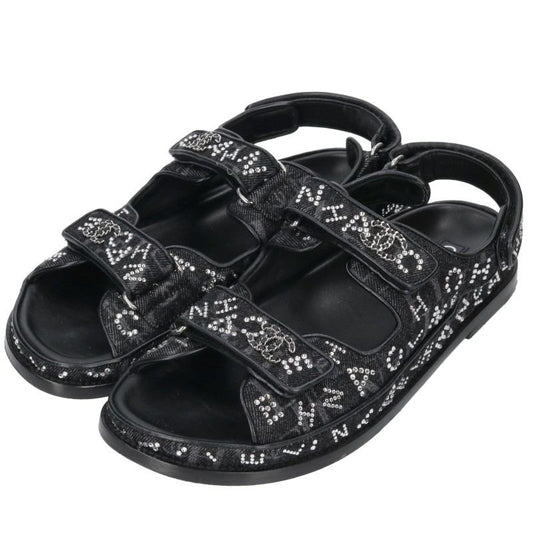 CHANEL Rhinestone Coco Mark Velcro Sandals Black Size 41C