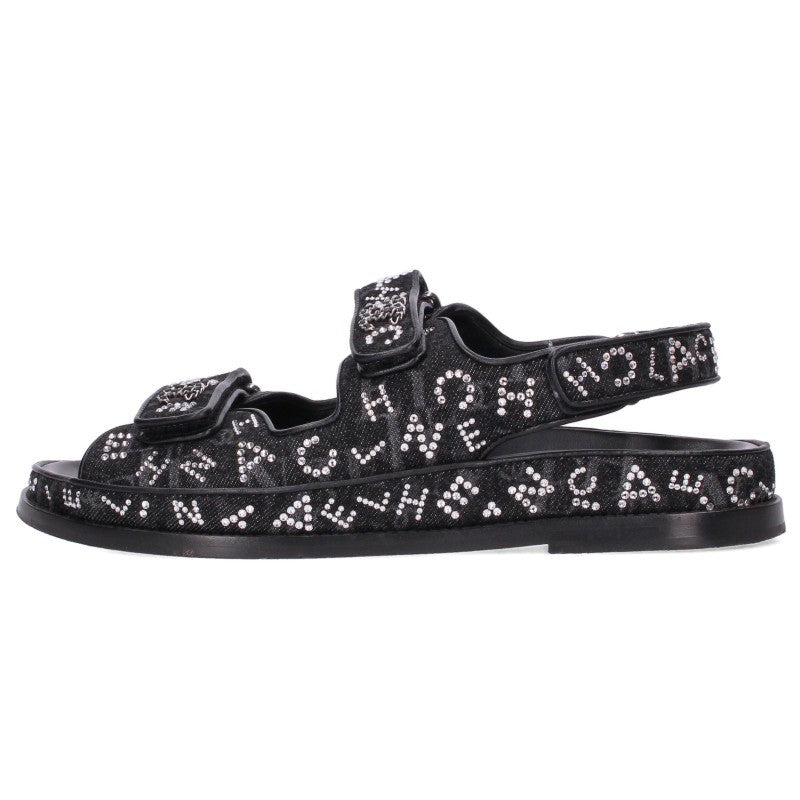 CHANEL Rhinestone Coco Mark Velcro Sandals Black Size 41C