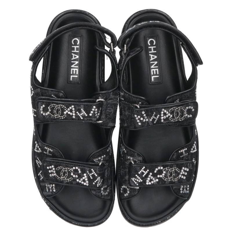 CHANEL Rhinestone Coco Mark Velcro Sandals Black Size 41C