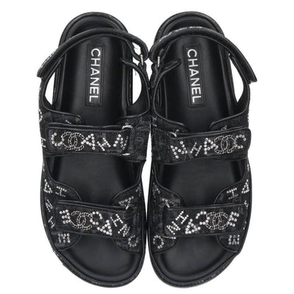 CHANEL Rhinestone Coco Mark Velcro Sandals Black Size 41C