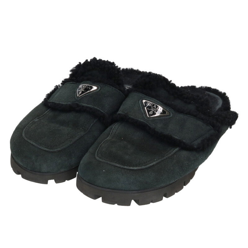 PRADA Triangle Logo Plate Boa Mules Dark Green Size 7