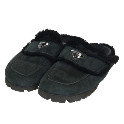 PRADA Triangle Logo Plate Boa Mules Dark Green Size 7