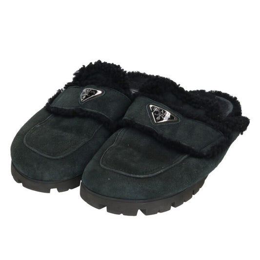 PRADA Triangle Logo Plate Boa Mules Dark Green Size 7