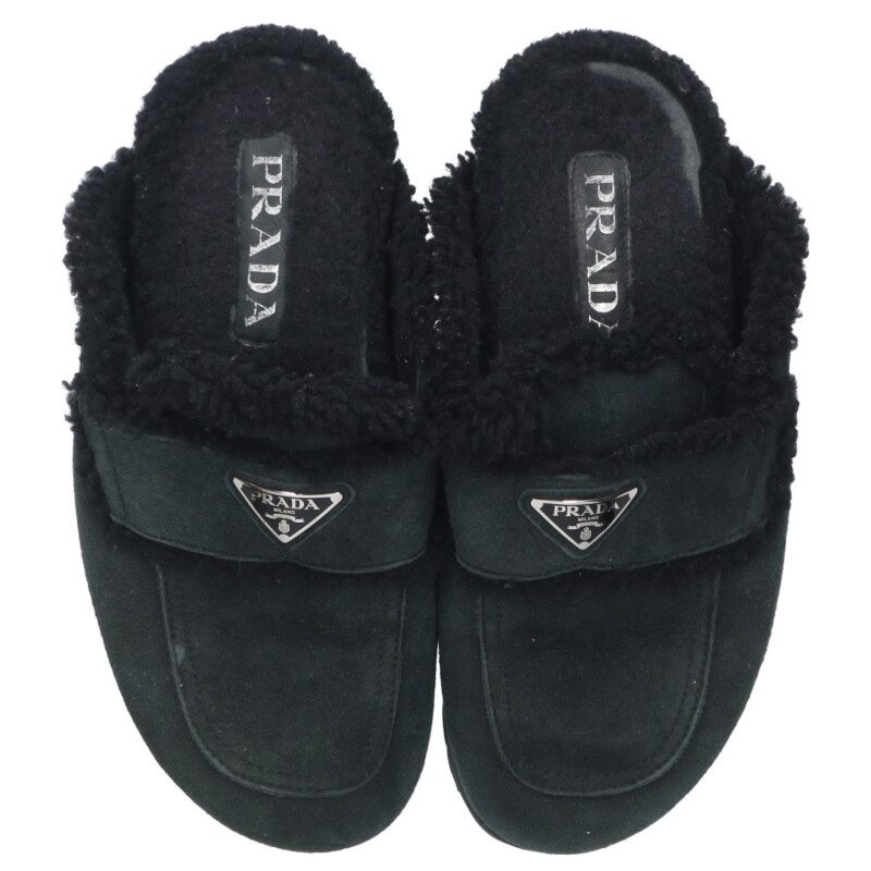 PRADA Triangle Logo Plate Boa Mules Dark Green Size 7