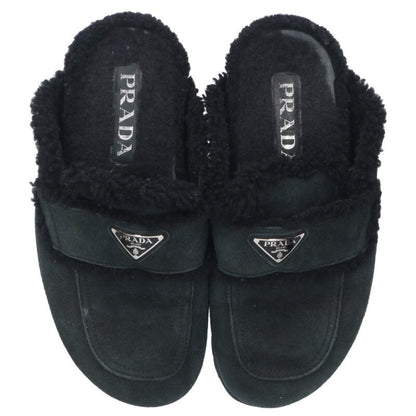 PRADA Triangle Logo Plate Boa Mules Dark Green Size 7