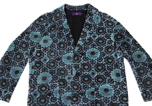 Y's Geometric Floral Print Velour Long Jacket Gray Size 2