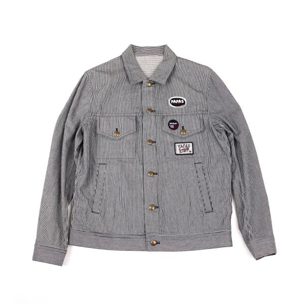 Papas Logo Patch Hickory Stripe Trucker Navy White Jacket Size M