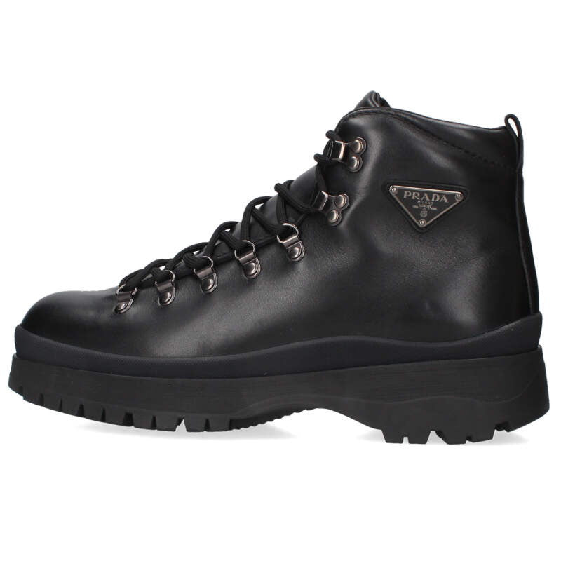 PRADA 25AW Triangle Plate Leather Boots Black Size 8