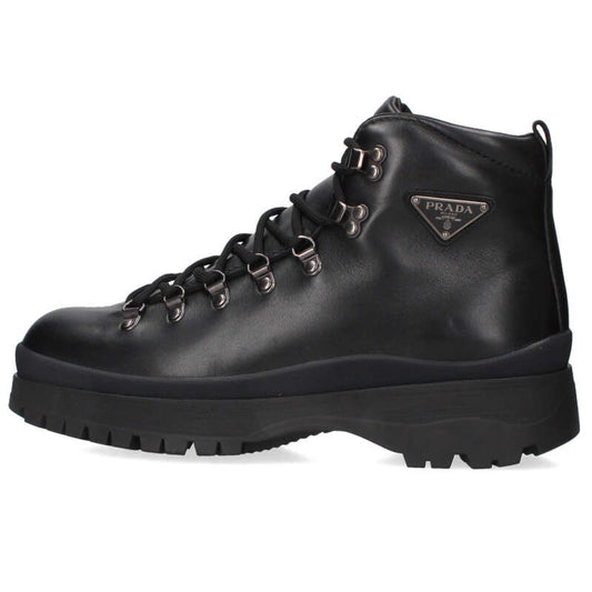 PRADA 25AW Triangle Plate Leather Boots Black Size 8