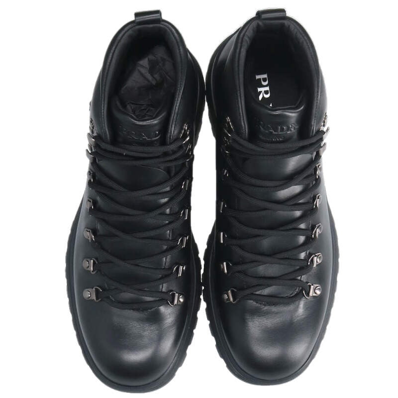 PRADA 25AW Triangle Plate Leather Boots Black Size 8