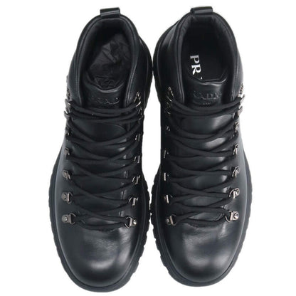 PRADA 25AW Triangle Plate Leather Boots Black Size 8