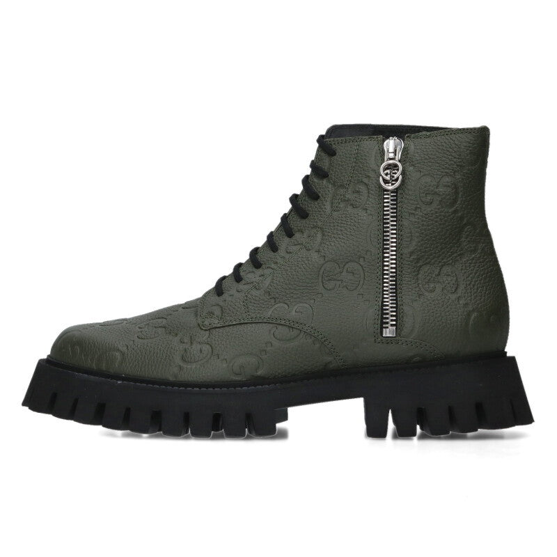 GUCCI Khaki Embossed Logo Side-Zip Boots Size 11.5