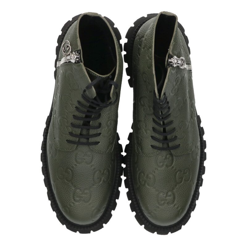 GUCCI Khaki Embossed Logo Side-Zip Boots Size 11.5