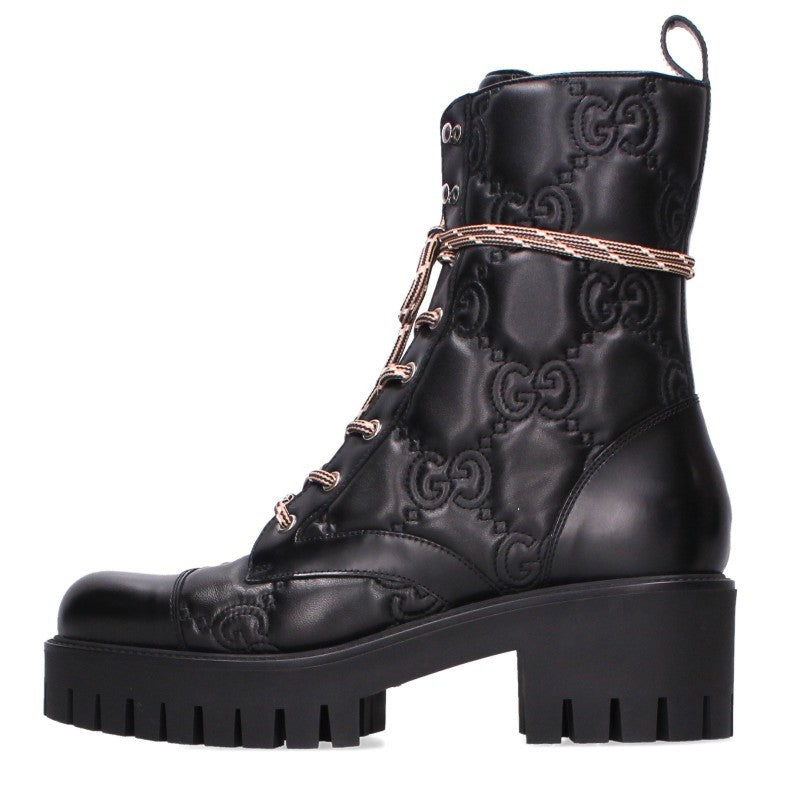 GUCCI Matelassé Lace-up Boots Black Size 41.5
