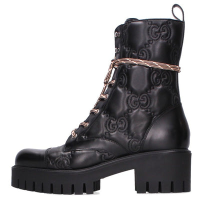 GUCCI Matelassé Lace-up Boots Black Size 41.5