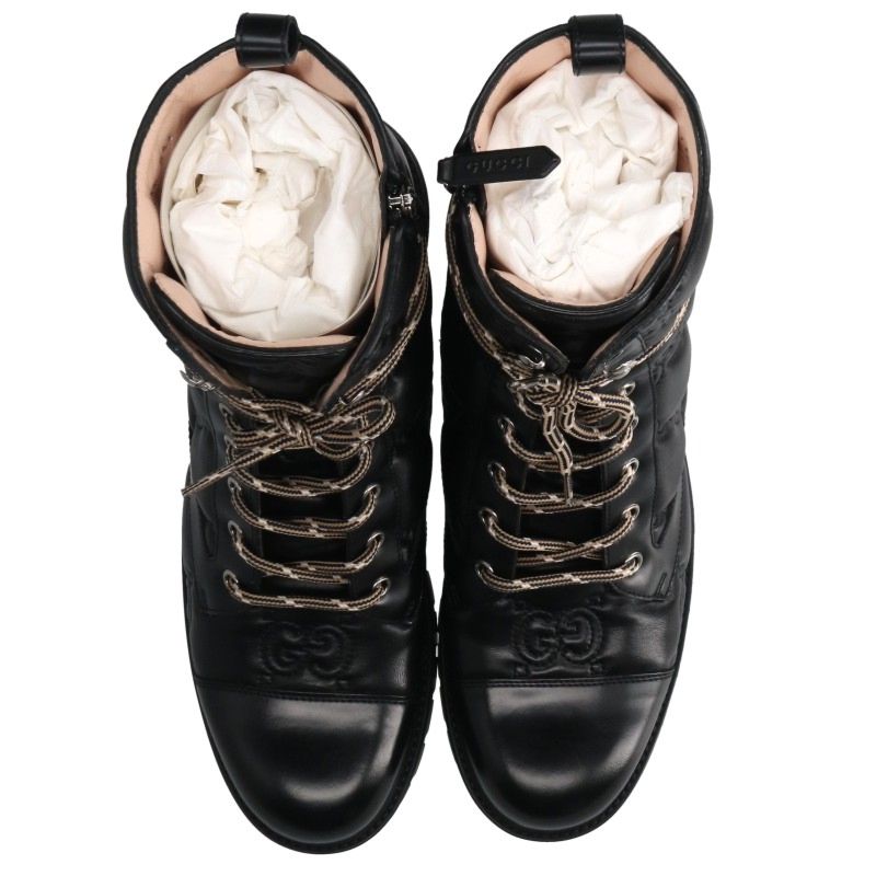 GUCCI Matelassé Lace-up Boots Black Size 41.5