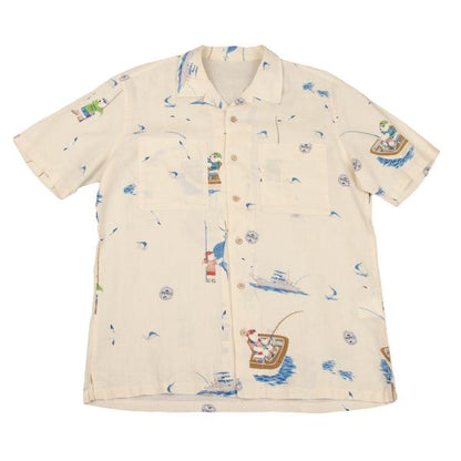 Papas Linen Bear Fishing Print Aloha Shirt Cream Size 48M