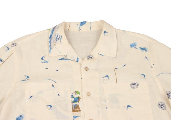Papas Linen Bear Fishing Print Aloha Shirt Cream Size 48M