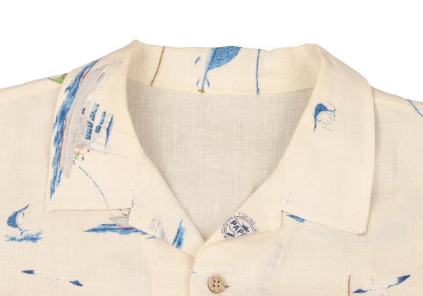 Papas Linen Bear Fishing Print Aloha Shirt Cream Size 48M