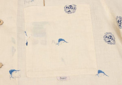 Papas Linen Bear Fishing Print Aloha Shirt Cream Size 48M