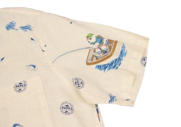 Papas Linen Bear Fishing Print Aloha Shirt Cream Size 48M