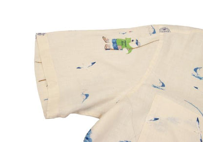 Papas Linen Bear Fishing Print Aloha Shirt Cream Size 48M