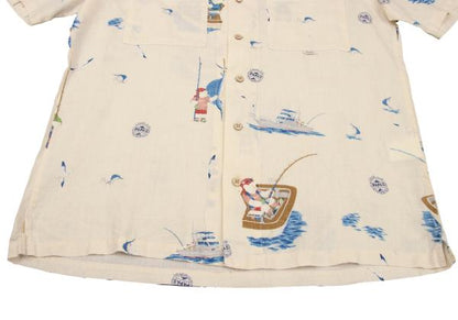 Papas Linen Bear Fishing Print Aloha Shirt Cream Size 48M