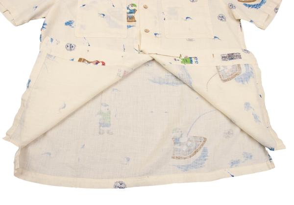 Papas Linen Bear Fishing Print Aloha Shirt Cream Size 48M